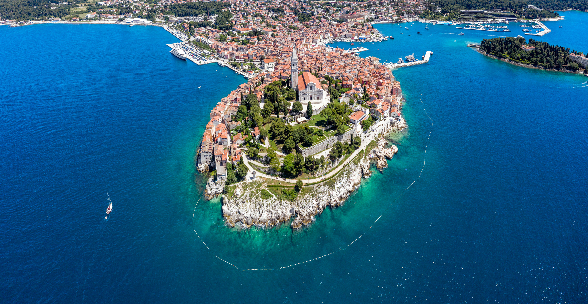 Aerial view of the Rovinj peninsula tying the three NATKA properties to one geography