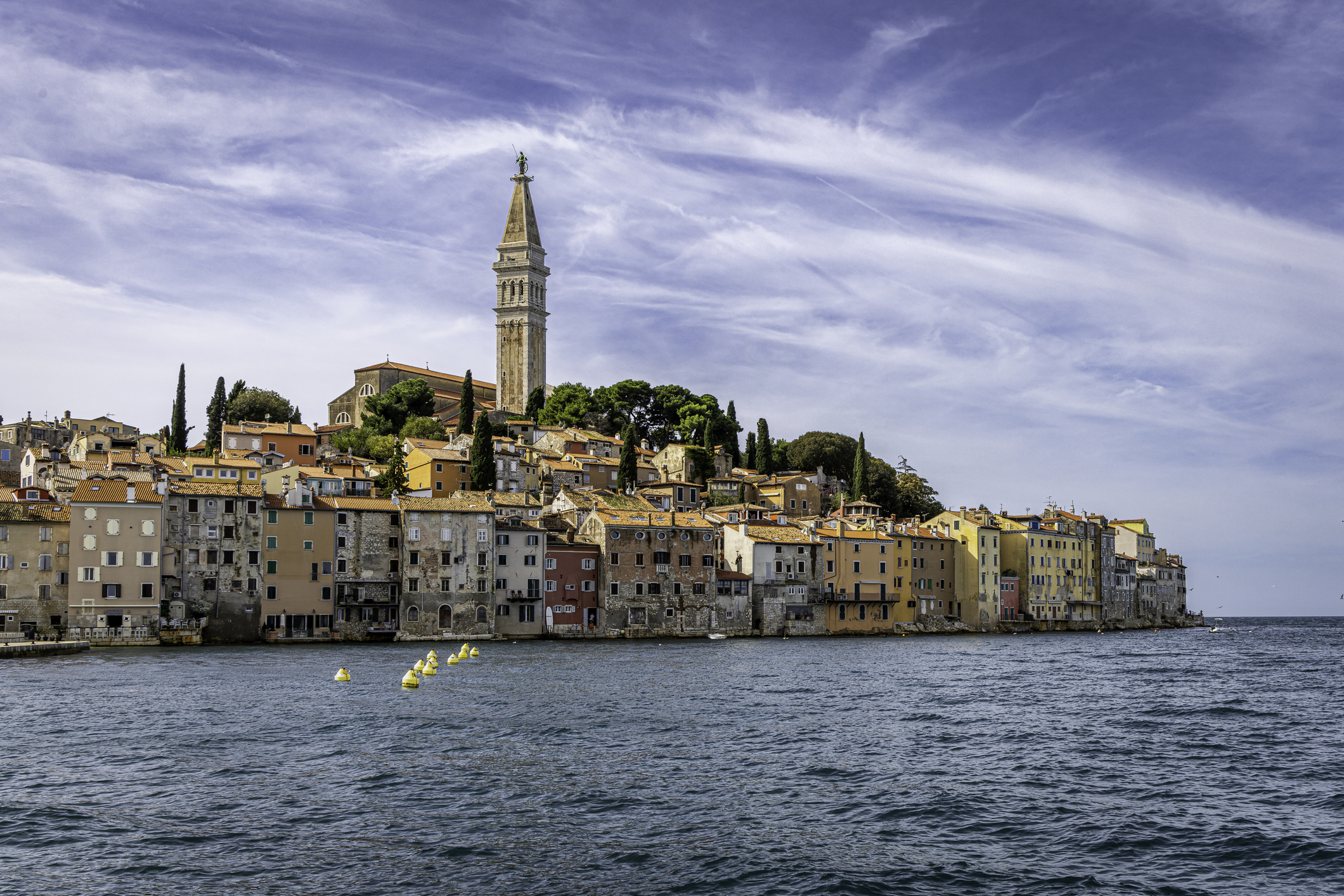 Rovinj waterfront — businesses across the town