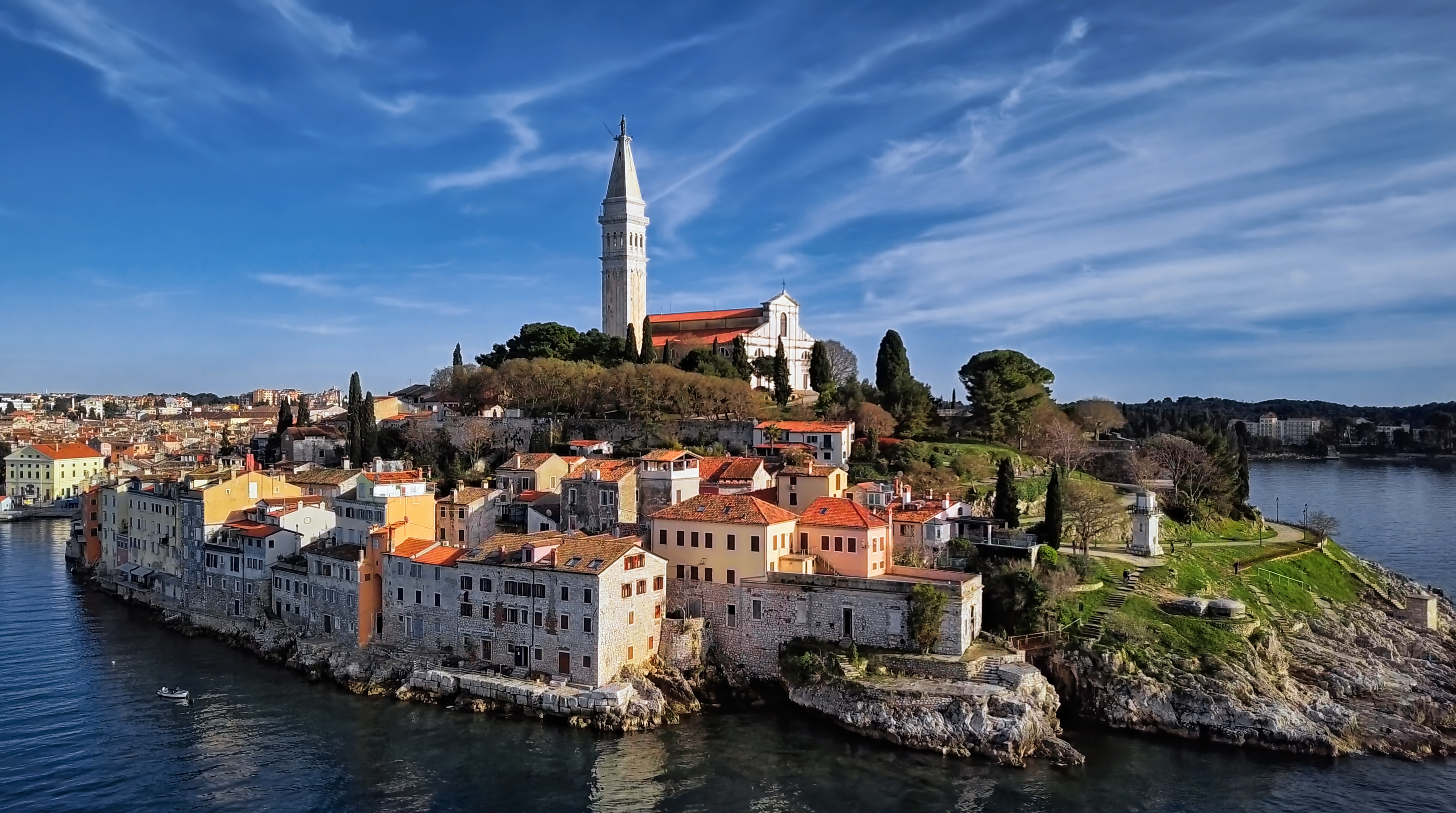 Dramatic ground-level view of Rovinj Old Town from below